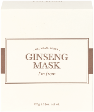 Białe pudełko rewitalizującej maski I'm From Ginseng Mask, z brązowym tekstem i ramką, widok z przodu.