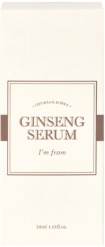 Opakowanie I'm From Ginseng Serum 30ml, kremowy kartonik z brązowym napisem, widok z przodu.