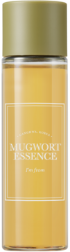 I'm from Mugwort Essence: przezroczysta butelka z bursztynowym płynem, oliwkowy korek, biała etykieta, widok z przodu.