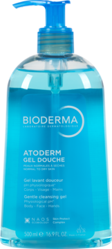 Bioderma Atoderm Gel Douche, niebieska butelka z pompką, widok z przodu, delikatny żel do skóry normalnej i suchej, 500ml.