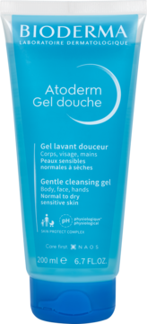 Niebieski żel pod prysznic Bioderma Atoderm Gel Douche 200ml, widok z przodu, do skóry wrażliwej.