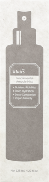 Szara sylwetka butelki Klairs Fundamental Ampule Mist z białymi napisami: Nutrient-rich, Deep Hydration, Vegan Friendly.
