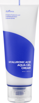 Isntree Hyaluronic Acid Aqua Gel Cream w białej tubce, niebieski panel, widok z przodu. Opisuje 5 typów kwasu HA.