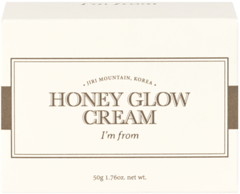 Nawilżający krem I'm From Honey Glow Cream w białym pudełku z brązowym napisem i beżową etykietą, widok z przodu.