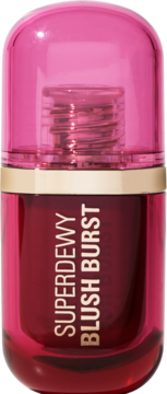 Revolution Superdewy Blush Burst Very Cherry. Róż w płynie w kapsułkowej butelce, burgund z różową nakrętką.