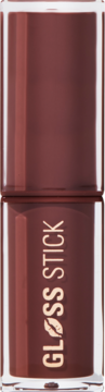 Revolution Pout Lip Gloss Stick Chocolate Ganache. Brązowy błyszczyk w sztyfcie z napisem GLOSS STICK i ustami.