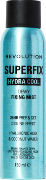 Revolution Superfix Hydra Cool Fixing Mist, turkusowa butelka z czarną nakrętką, widok z przodu.