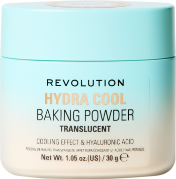 Puder Revolution Hydra Cool Baking, słoiczek niebiesko-beżowy, z efektem chłodzącym, widok z przodu.