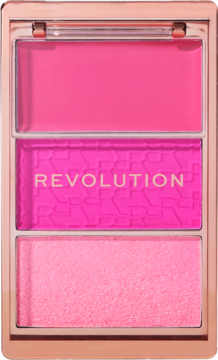 Revolution Blush Icon Palette Hot Pink Flag: trio hot pink i jasnoróżowych róży, z logiem Revolution, w rose gold palecie.