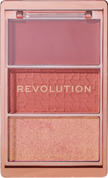 Revolution Blush Icon Palette Aura Points Rose, otwarta paleta różów z trzema odcieniami: mat, tekstura, brokat.