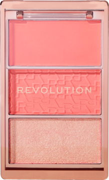 Paleta różów Revolution Blush Icon Authentic Peach trio: matowy, wytłaczany i błyszczący odcień brzoskwiniowy, widok z góry.