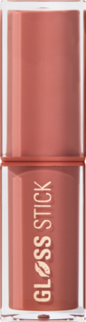 Revolution Pout Gloss Stick toffee nude. Błyszczyk w sztyfcie, zbliżenie na pionowe opakowanie z napisem i ikoną ust.