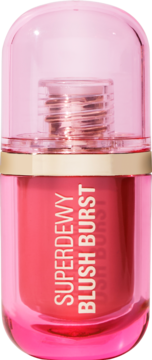 Revolution Superdewy Blush Burst Strawberry Milkshake, róż w płynie, różowa buteleczka z przezroczystym aplikatorem, widok z przodu.