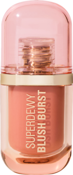 Revolution Superdewy Blush Burst Pink Fizz, róż w płynie w przezroczystej, różowo-złotej butelce. Widok z przodu.