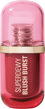 Róż w płynie Revolution Superdewy Blush Burst Rose All Day w różowej butelce, z przezroczystą nasadką, widok z przodu.