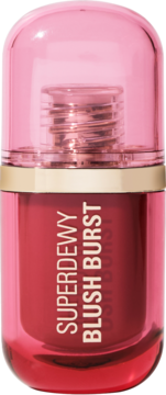 Róż w płynie Revolution Superdewy Blush Burst Rose All Day w różowej butelce, z przezroczystą nasadką, widok z przodu.
