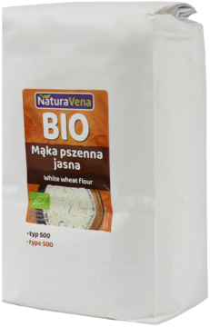 Biała torebka NaturaVena BIO Mąka pszenna jasna typ 500, idealna do ciast i naleśników, widok z przodu.