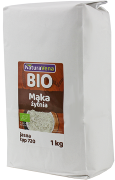 Biała papierowa torba NaturaVena BIO Mąka żytnia jasna typ 720, 1 kg, widok z przodu pod kątem.