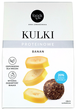 Biało-szare opakowanie proteinowych kulek bananowych Foods by Anna Lewandowska, z grafiką bananów i 20% białka.