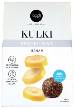Biało-szare opakowanie proteinowych kulek bananowych Foods by Anna Lewandowska, z grafiką bananów i 20% białka.