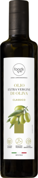 Butelka klasycznej oliwy z oliwek extra vergine FOODS by Ross, ciemne szkło, biała etykieta z oliwkami, widok z przodu.