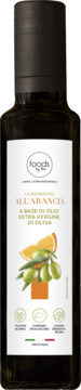 Ciemna butelka oliwy z oliwek Foods by More o smaku pomarańczy, etykieta z oliwkami i pomarańczą, widok z przodu.