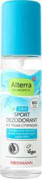 Alterra Naturkosmetik Sport Deodorant 24H Bio Trawa Cytrynowa, przezroczysta butelka z niebieską nakrętką, widok frontalny.