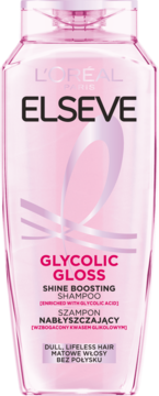 Różowa butelka szamponu L'Oréal Elseve Glycolic Gloss Shine Boosting, do włosów bez połysku, widok z przodu.