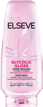 Różowa butelka L'Oréal Elseve Glycolic Gloss odżywka nabłyszczająca z kwasem glikolowym, widok z przodu.