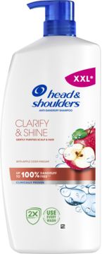 Szampon Head & Shoulders Clarify & Shine XXL z octem jabłkowym. Biała butelka z niebieską pompką, widok z przodu.
