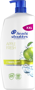 Biała butelka szamponu Head & Shoulders Apple Fresh, XXL, z niebieską pompką i jabłkiem, widok z przodu.