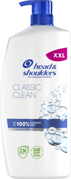 Szampon Head & Shoulders Classic Clean XXL, biała butelka z niebieską pompką, widok z przodu.