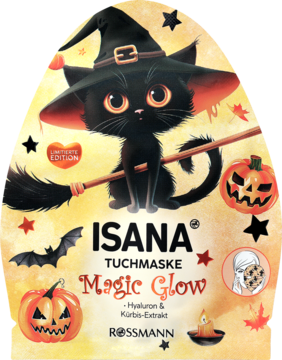 ISANA Tuchmaske Magic Glow Limited Edition z kotem wiedźmą, dyniami, Hyaluron & Kürbis-Ekstrakt, widok z przodu.