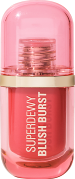 Revolution Superdewy Blush Burst Watermelon Pop, koralowy róż w płynie, pionowa różowa butelka z aplikatorem.