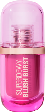 Róż w płynie Revolution Superdewy Blush Burst, intensywny róż. Kapsułka z przezroczystą górą i napisem, widok z przodu.