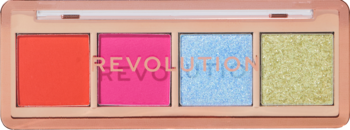 Otwarta paleta Revolution The Vibrant Icon Edit Brights. Cztery cienie: pomarańcz, róż (mat), błękit, zieleń (połysk).