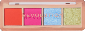 Otwarta paleta Revolution The Vibrant Icon Edit Brights. Cztery cienie: pomarańcz, róż (mat), błękit, zieleń (połysk).