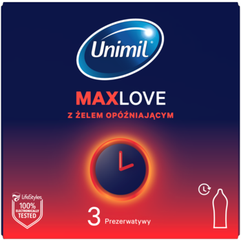 Granatowe opakowanie prezerwatyw Unimil MAXLOVE Time Control z zegarem, napis 3 sztuki, widok z przodu.