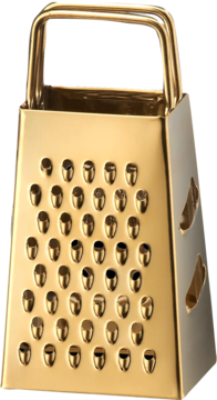 Złota tarka kuchenna z metalowym uchwytem, widok z przodu, z licznymi okrągłymi otworami do tarcia.