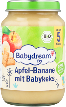 Słoik bio przecieru Babydream Apfel-Banane z Babykeks, od 5. miesiąca, zielona pokrywka, etykieta z owocami, widok z przodu.