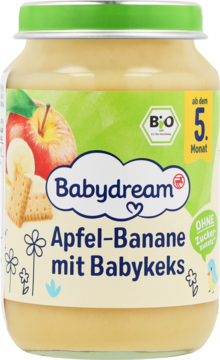 Słoik Babydream Apfel-Banane z Babykeks, kremowy przecier dla niemowląt od 5. miesiąca, zielona zakrętka, widok z przodu.