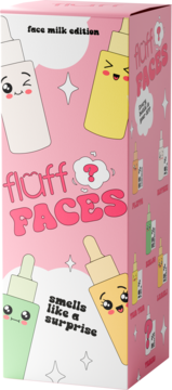 Różowe pudełko "fluff FACES" face milk edition z buteleczkami-buziami i napisem "smells like a surprise", przód/bok.