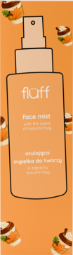 Pomarańczowa mgiełka do twarzy Fluff z zapachem Autumn Hug w prostokątnej butelce, na tle jesiennych kubków.