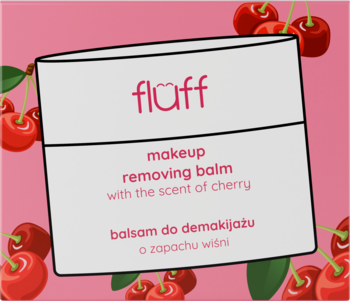 Fluff makeup removing balm wiśniowy w białym prostokątnym pojemniku, widok z przodu na różowym tle z wiśniami.