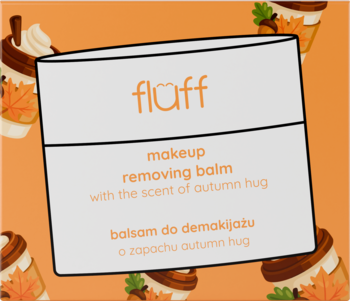 White flüff makeup removing balm in a rectangular jar with autumn hug scent, on an orange background with mugs.