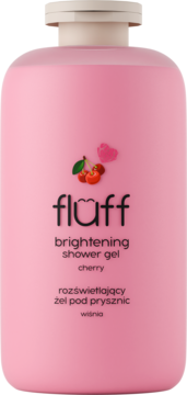 Fluff brightening shower gel cherry, różowa butelka, biała zakrętka, widok z przodu, logo i grafika wiśni.