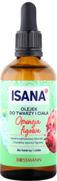 Olejek Isana Opuncja figowa w brązowej butelce z zakraplaczem, zielona etykieta z owocami, widok z przodu.