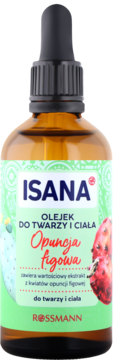 Olejek Isana Opuncja figowa w brązowej butelce z zakraplaczem, zielona etykieta z owocami, widok z przodu.