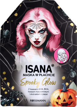 Isana Maska w płachcie Spooky Glow. Opakowanie z różowowłosą kobietą-duchem i pająkami, widok z przodu.