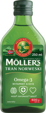 MÖLLER'S Tran Norweski ,tran o naturalnym aromacie, dla dorosłych i dzieci powyżej 3. roku życia, suplement diety,przód